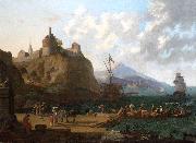 Adriaen Coorte A  mediterranean harbour scene with numerous figures on a que beneath a fort Germany oil painting artist